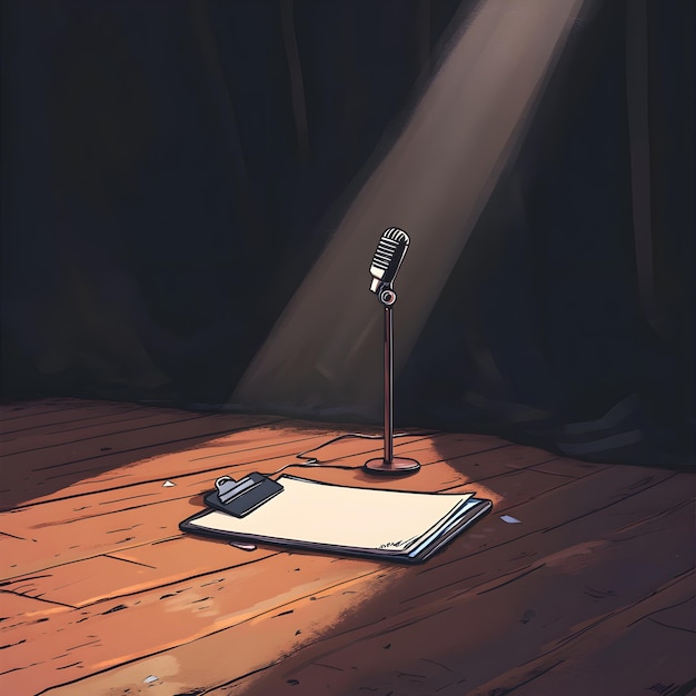 Photo retro microphone with notebook on wooden table 3d illustration