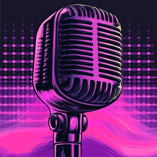 Photo retro microphone with sound waves in pop art comic style