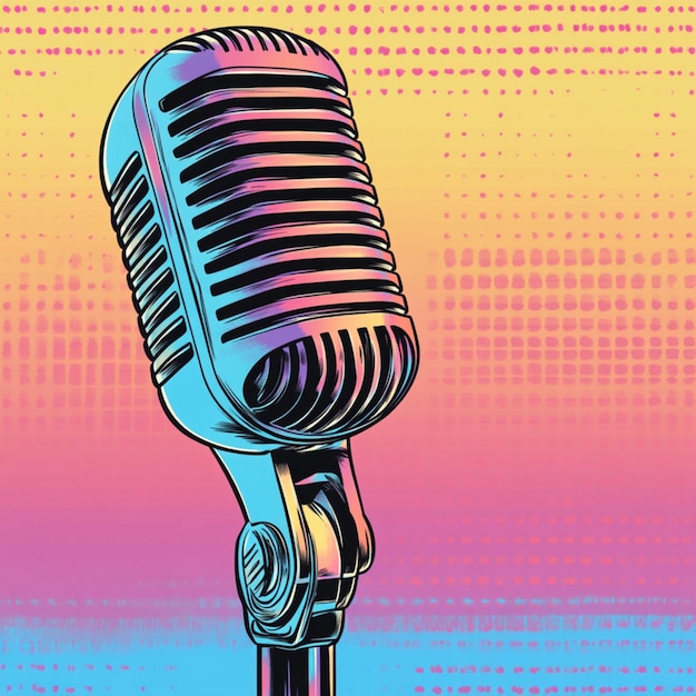 Photo retro microphone with sound waves in pop art comic style