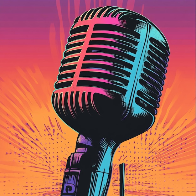 Photo retro microphone with sound waves in pop art comic style