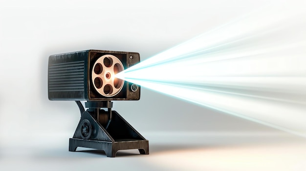 Photo a retro movie projector is shown in this image it is black and has a white light shining out of it the projector is sitting on a white surface