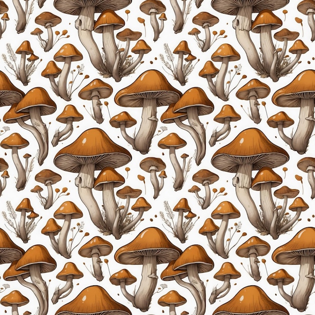 Retro Mushroom Illustration HandDrawn Fall Forest Design with Organic Leaves and Abstract Textures