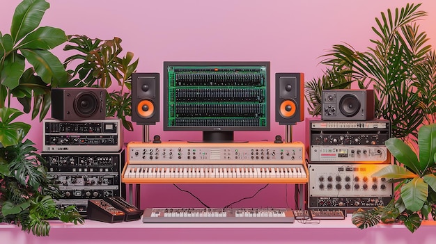 Retro Music Studio with Synth Keyboard and Green Screen on Pink Wall