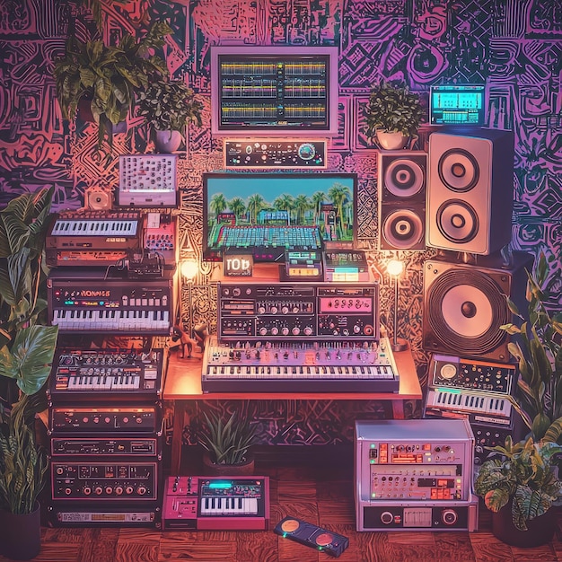 Photo retro music studio with synths keyboards and mixing console