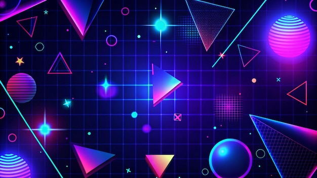 Photo retro neon abstract background with glowing geometric shapes on a grid