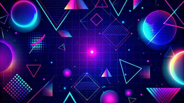 Photo retro neon geometric abstract background with glowing shapes and a grid