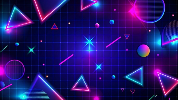 Photo retro neon glowing geometric shapes on dark blue grid background