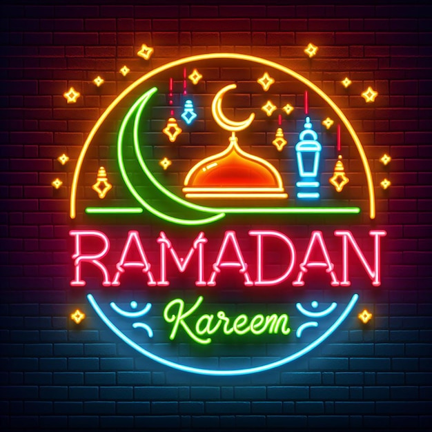 A retro neon sign style for Ramadan Kareem glowing with vibrant colors