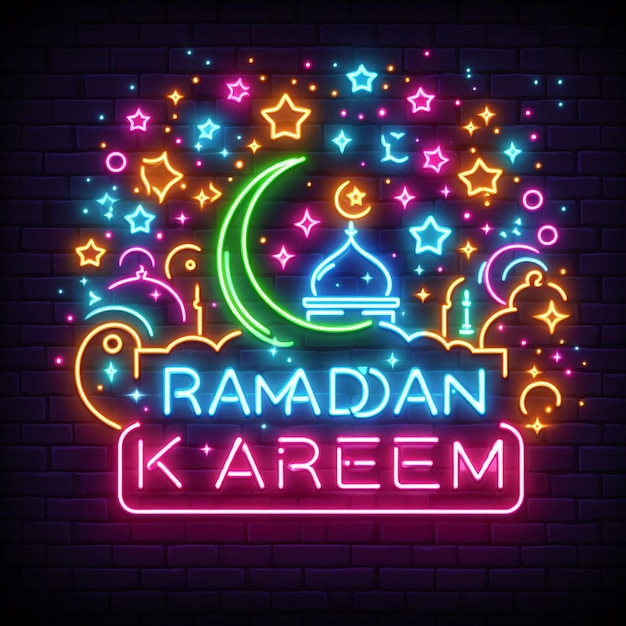 A retro neon sign style for Ramadan Kareem glowing with vibrant colors