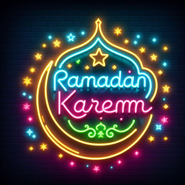 A retro neon sign style for Ramadan Kareem glowing with vibrant colors