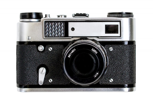 Retro old camera, white background isolated