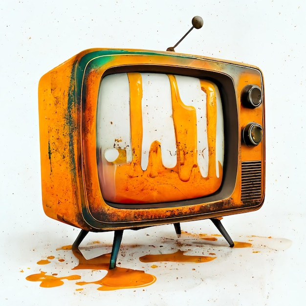 Retro orange TV receiver molten on white background generative ai