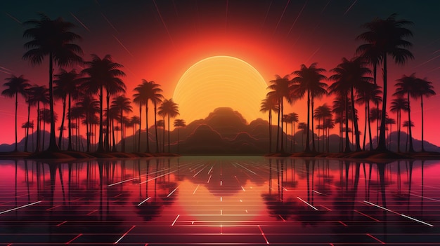 Retro Palms SciFi Ocean Sun Reflection Futuristic 80s Party Background with Digital Cyber Landscape