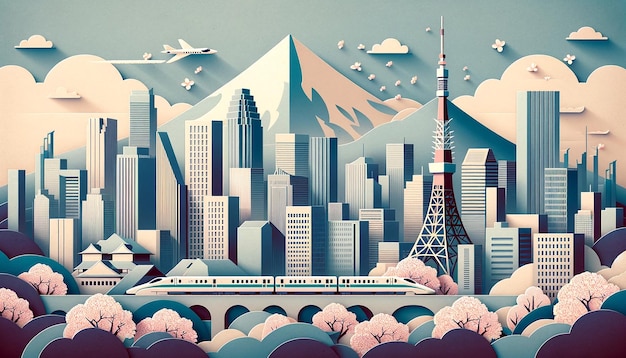 Retro paper cut style illustration representing the city of Tokyo