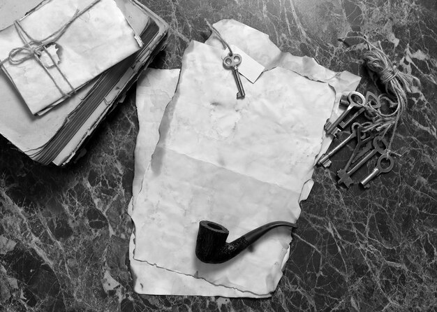 Retro papers and book on detective work table with tools background