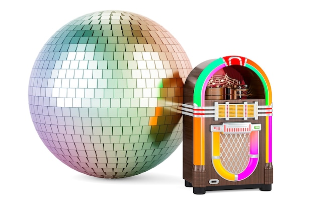 Retro party concept Vintage jukebox with mirror disco ball 3D rendering