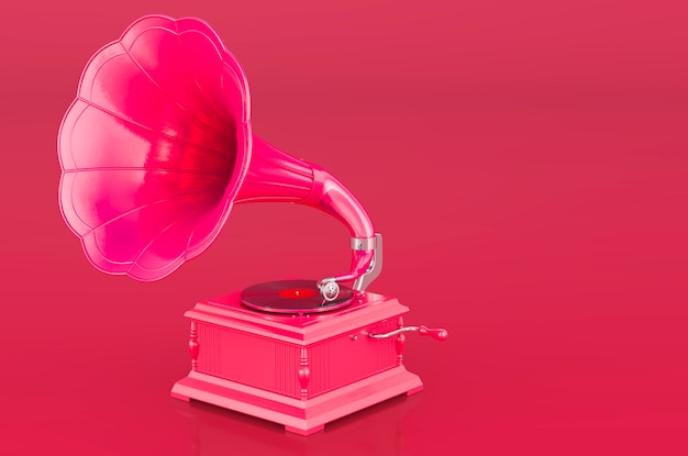 Retro phonograph vintage gramophone in trending viva magenta colors 3D rendering