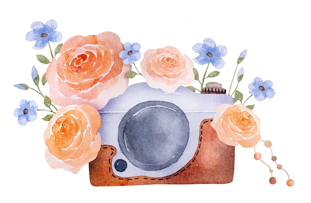 Retro photo camera with poppy flowers