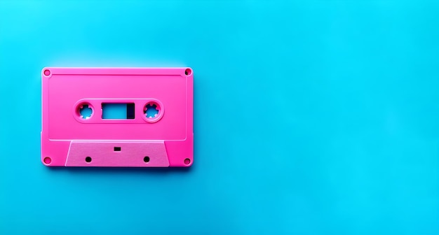 Photo retro pink audio cassette on blue backgroundstyled 8090 music