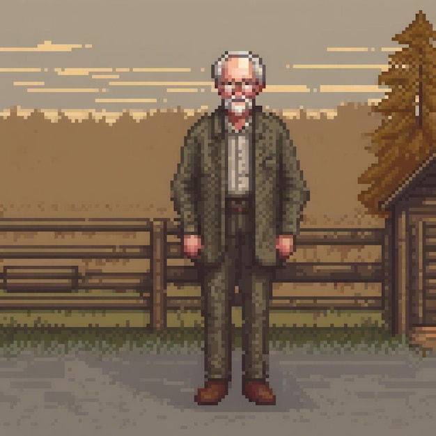 Retro pixel art Elderly gentleman by a rustic wooden fence