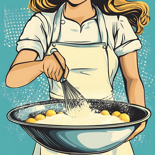 Photo retro pop art woman baking with whisk and bowl