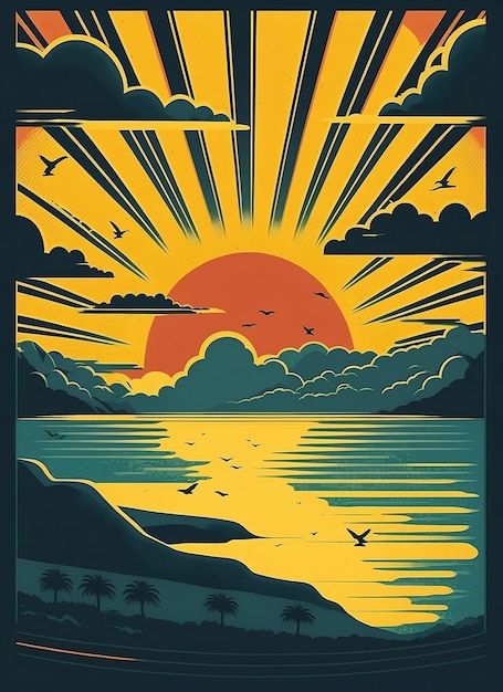 Retro poster of a seascape with waves seagulls and clouds Sunrise and sunset Printing house