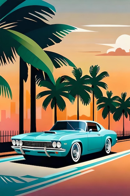 Retro poster of sports car at Miami beach