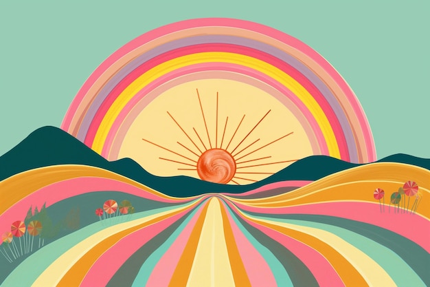 Retro poster with psychedelic landscapes with rainbow and sun