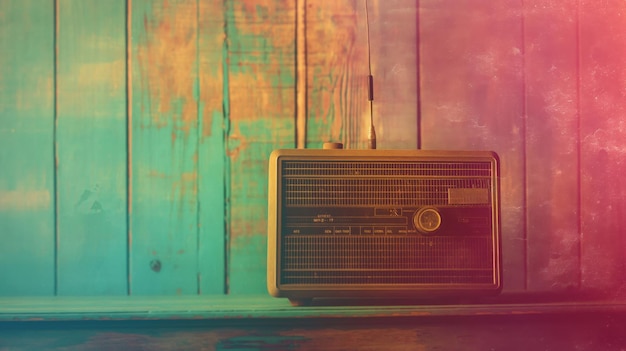 Retro radio with colorful wooden panels in the background invoking nostalgia