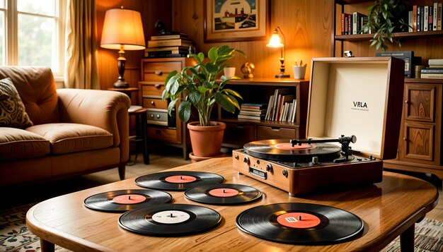 Photo retro record player and vinyl collection