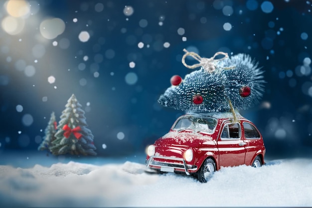 Retro red car carrying christmas tree on roof in snowy night winter forest Christmas background Copy space