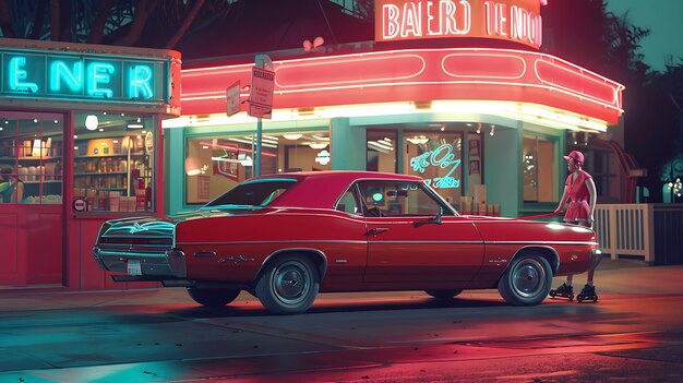 Photo retro red car parked at a diner with neon lights