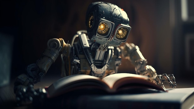 Retro robot reading a book in the library Education and science conceptgenerative ai