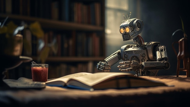 Retro robot reading a book in the library Education and science conceptgenerative ai