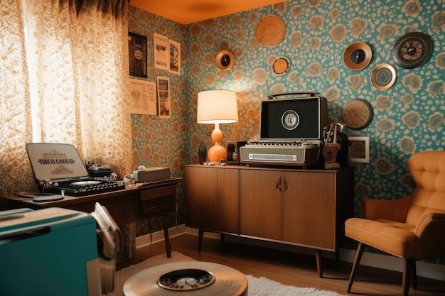 Retro room with typewriter record player and vinyl records