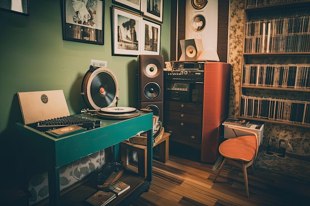 Retro room with typewriter record player and vinyl records