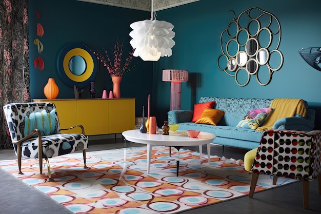 Retro room with vintage furniture bold patterns and pop of color