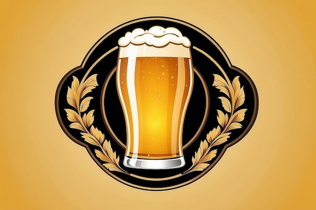 Retro Round Logo of Golden Foamy Beer Glass on Yellow Background