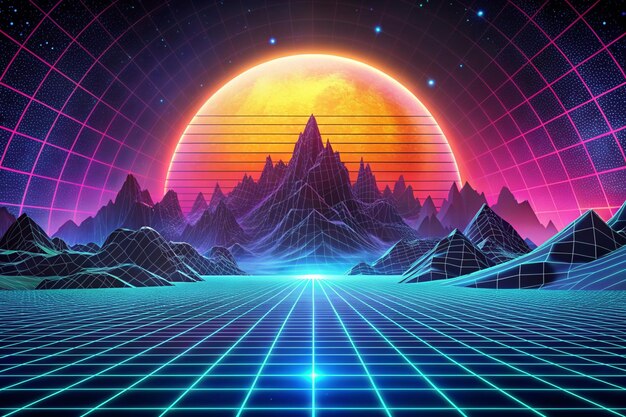 Retro SciFi Background Futuristic landscape of the 80s Digital Cyber Surface Suitable for design in the style of the 1980s