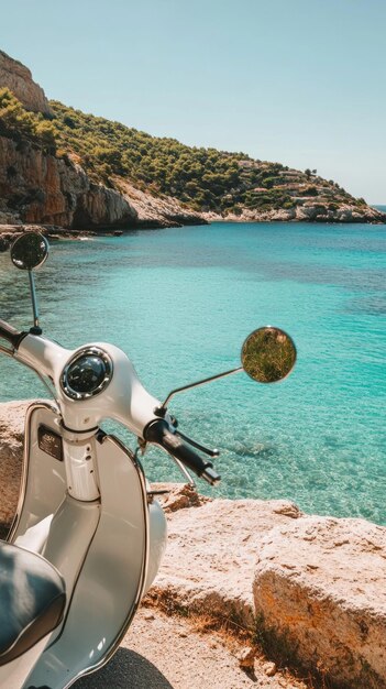 Retro scooter parked by the scenic coastline with crystal clear waters