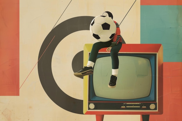 Retro Sports Art Vintage TV and Soccer Head Poster for Quirky Home Decor