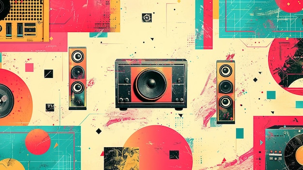 Photo retro stereo system with colorful geometric background