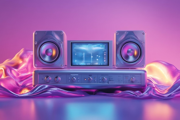 Photo retro stereo system with speakers and a monitor on a pink and yellow fabric