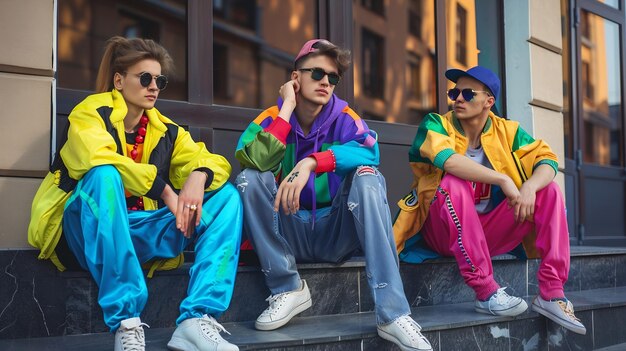 Photo retro street style 90s inspired fashion young people friends wearing colorful tracks generative ai