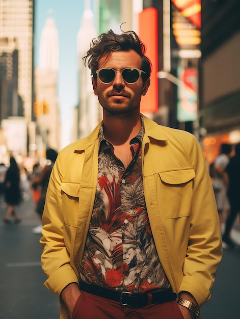 retro street style photo of a man in new york city close up travel man with landscape travel