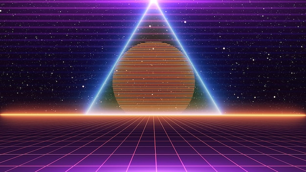 Retro style background Futuristic Grid landscape of the 80s