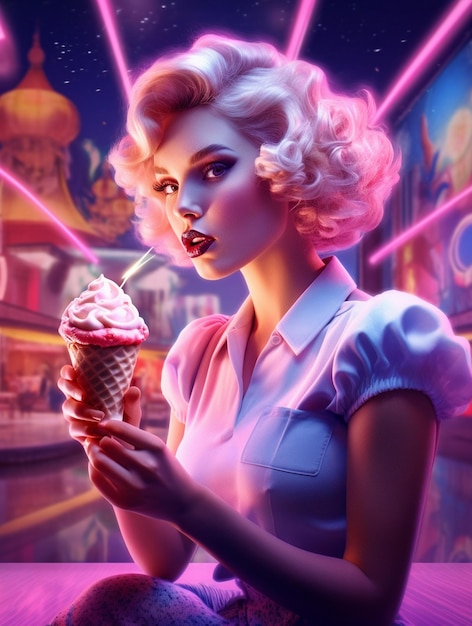 retro style colorful woman with ice cream