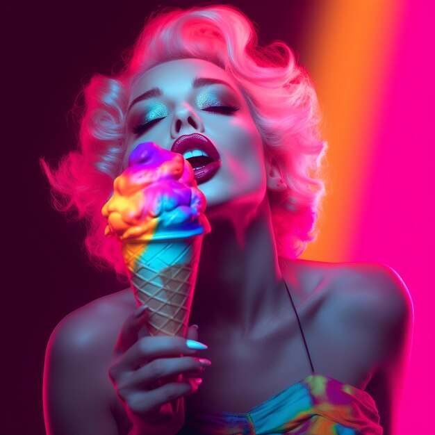 retro style colorful woman with ice cream