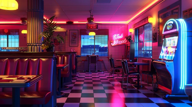 Retro Style Diner with Checkered Floor Empty Business with No People