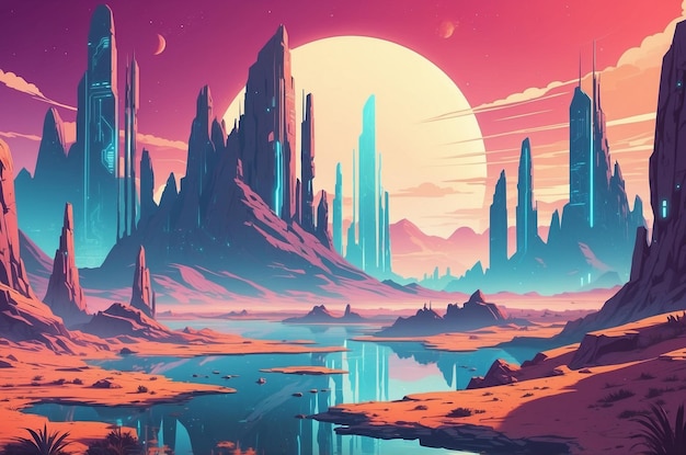 Retro style futuristic landscape background